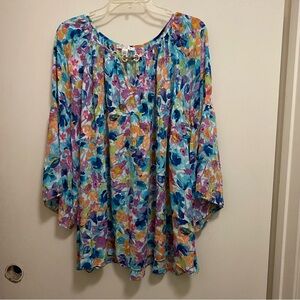 Spense Multicolor Womens Top Blouse 1X XL 54” Crinkle Oversized Semi Sheer